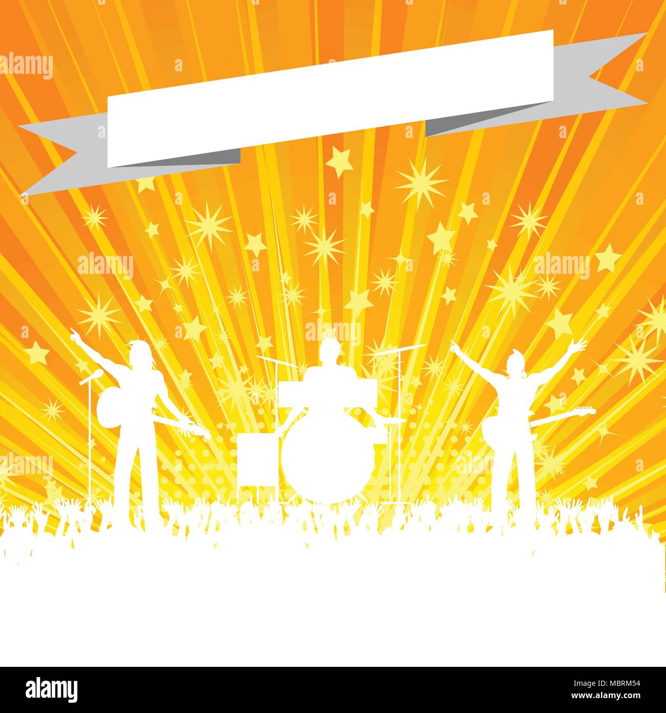 Music Band White Silhouette with Crowd and Blank Banner Over Yellow Star Burst Background Stock Vector