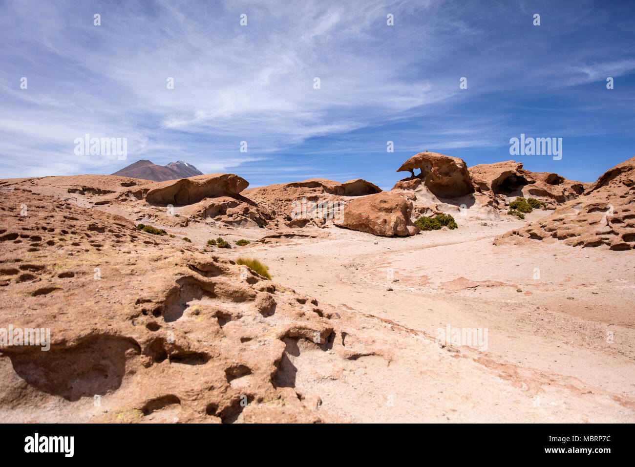 Rock formations of Dali desert in Bolivia at Eduardo Avaroa Andean Fauna National Reserve in Bolivia Stock Photo