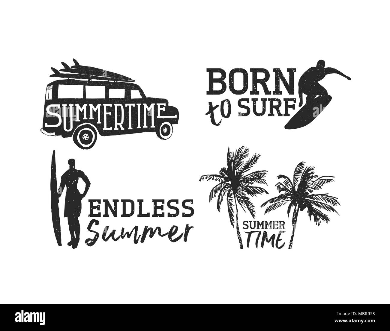 Vintage surf label set isolated over white, summer surfing time typography quotes with beach elements and tropical decoration. Includes car, surfer ma Stock Vector