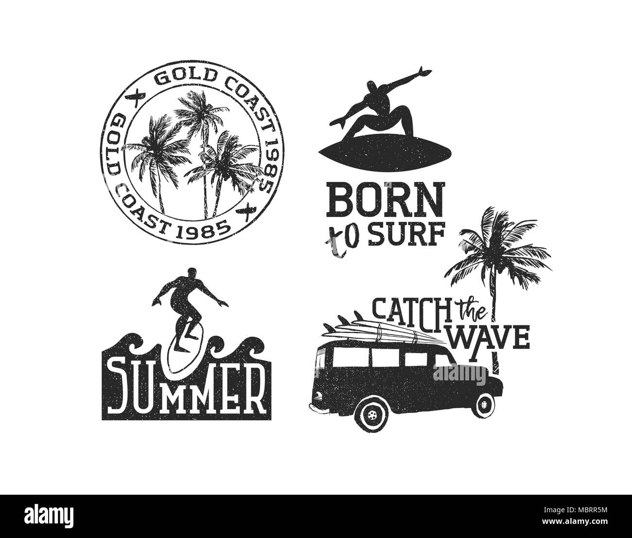 Vintage summer time label decoration set with surf quotes in grunge style isolated over white. Beach and surfing collection of typography text emblems Stock Vector