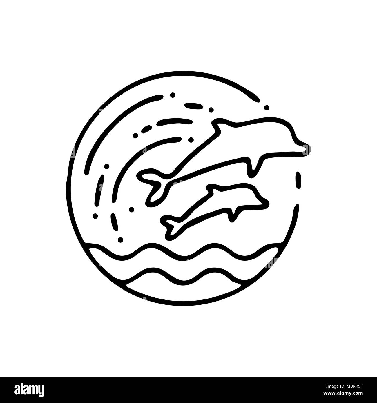 Beach vacation stamp illustration with dolphins jumping in the ocean water. Hand drawn style line art summer season icon. EPS10 vector. Stock Vector