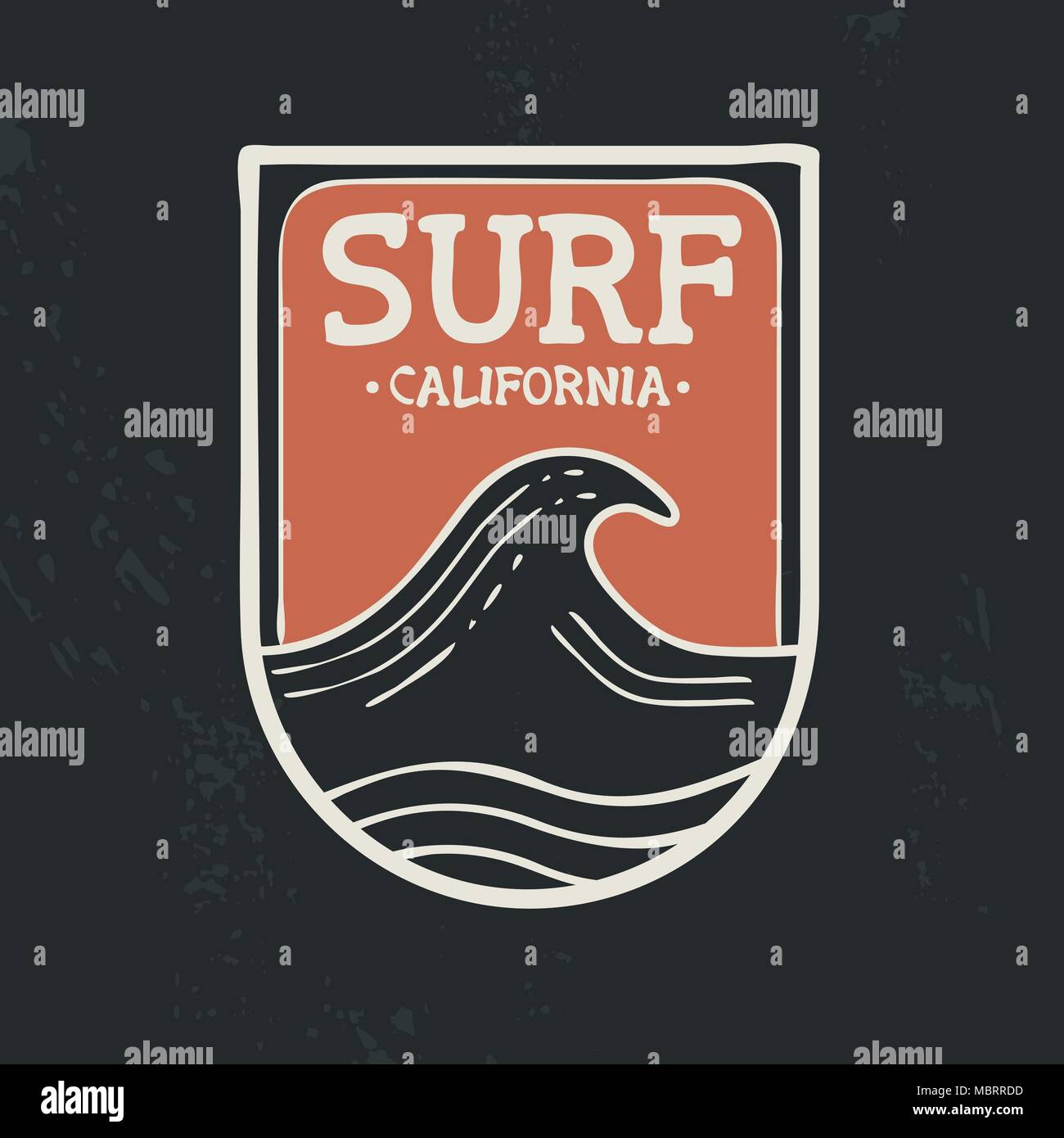 Surf in California beach stamp illustration with ocean wave, hand drawn style and grunge texture background. Ideal for t shirt textile print, greeting Stock Vector