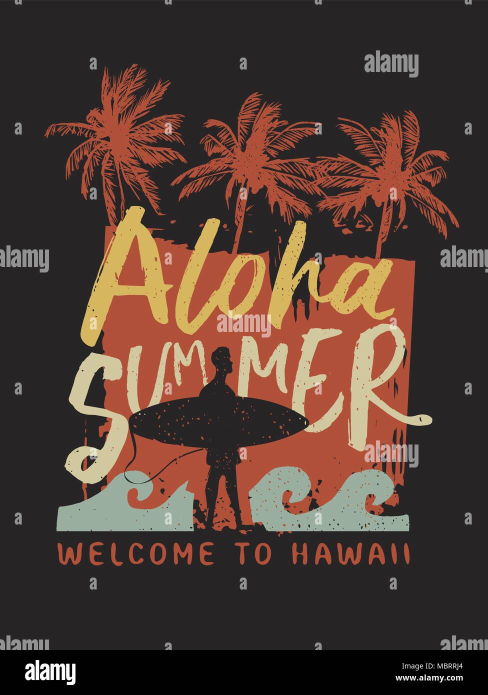 Aloha Summer surf poster with man taking surfboard to the beach. Hawaii island text calligraphy stamp ideal for print, card or textile use. EPS10 vect Stock Vector