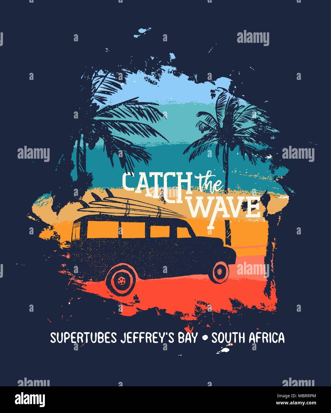 Summer vacation in supertubes jeffreys bay, south africa. Holiday illustration with text quote, car and surf boards on tropical beach. Vintage texture Stock Vector
