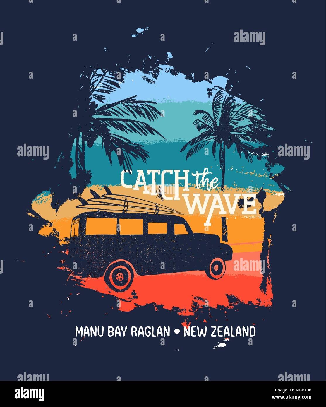 Summer vacation in Manu Bay Raglan, New Zealand. Holiday illustration with text quote, car and surf boards on tropical beach. Vintage texture design f Stock Vector