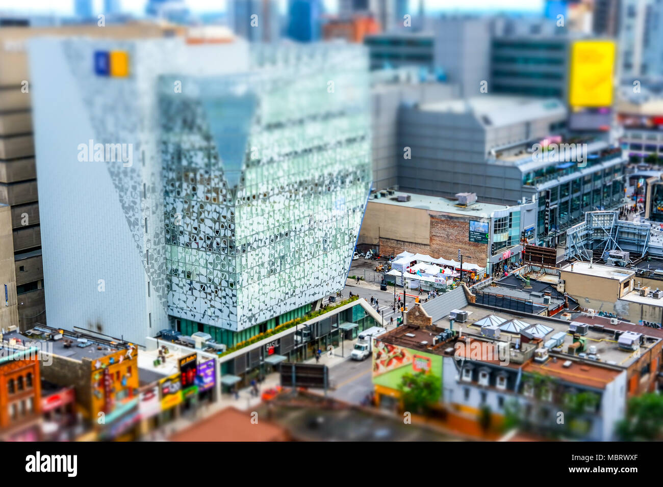 Interesting, diorama effect giving miniature details to the Toronto city centre, showing streets and the modern University building in the background. Stock Photo