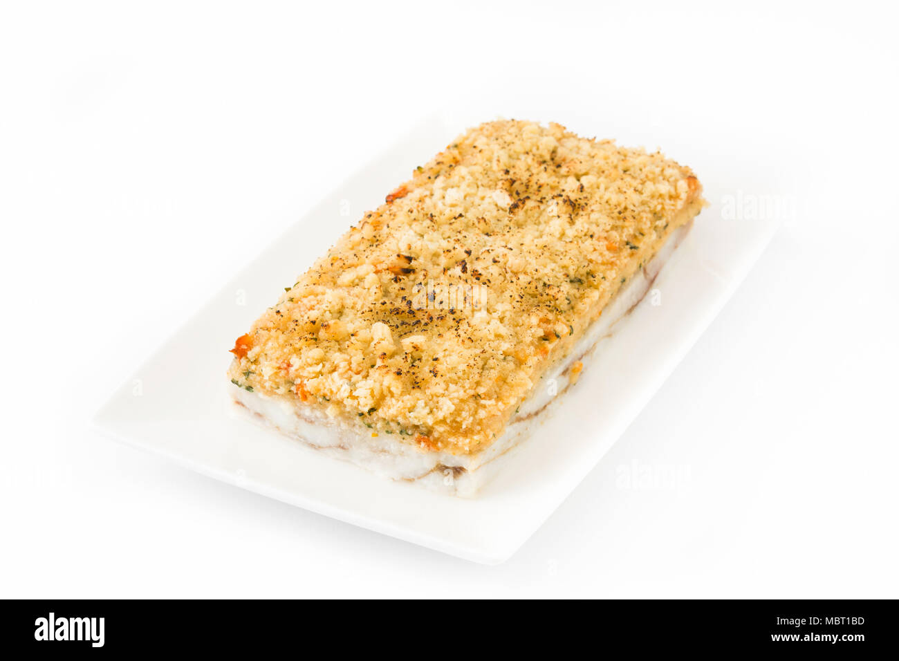 White fish casserole with cheese isolated on white background Stock