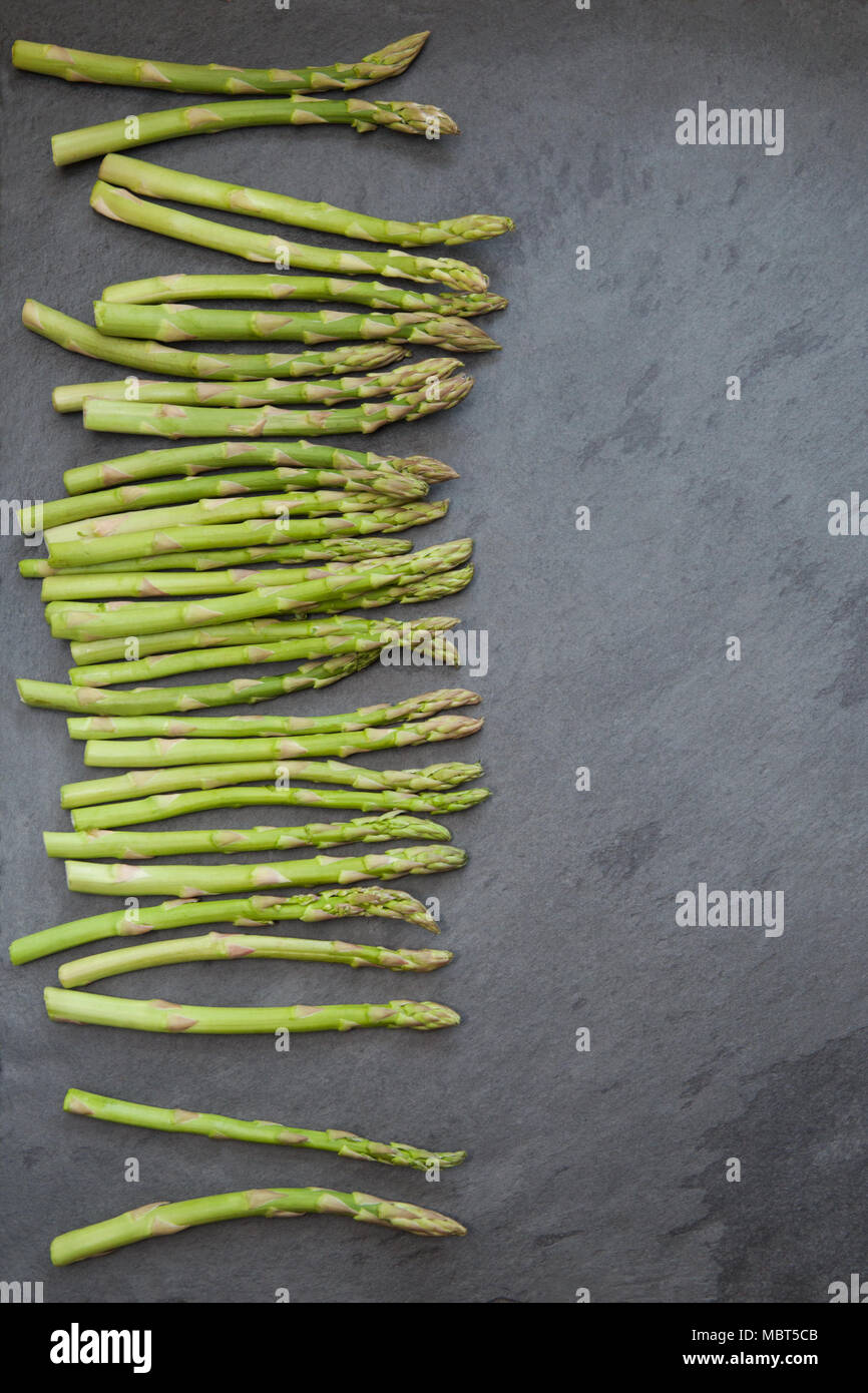Raw ingredients: spears of green asparagus laid flat on a slate board Stock Photo
