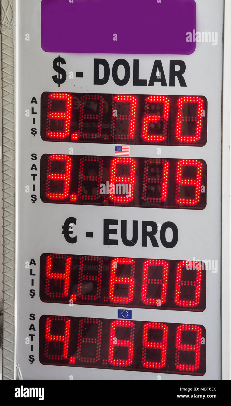 Exchange currency rate table for dollar and euro Stock Photo