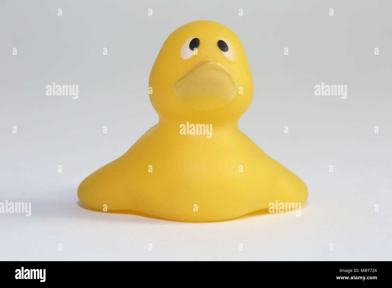 A single yellow plastic toy duck with pleading eyes. The type of plastic duck that you would put in a bath. The expression evokes a sense of sympathy. Stock Photo