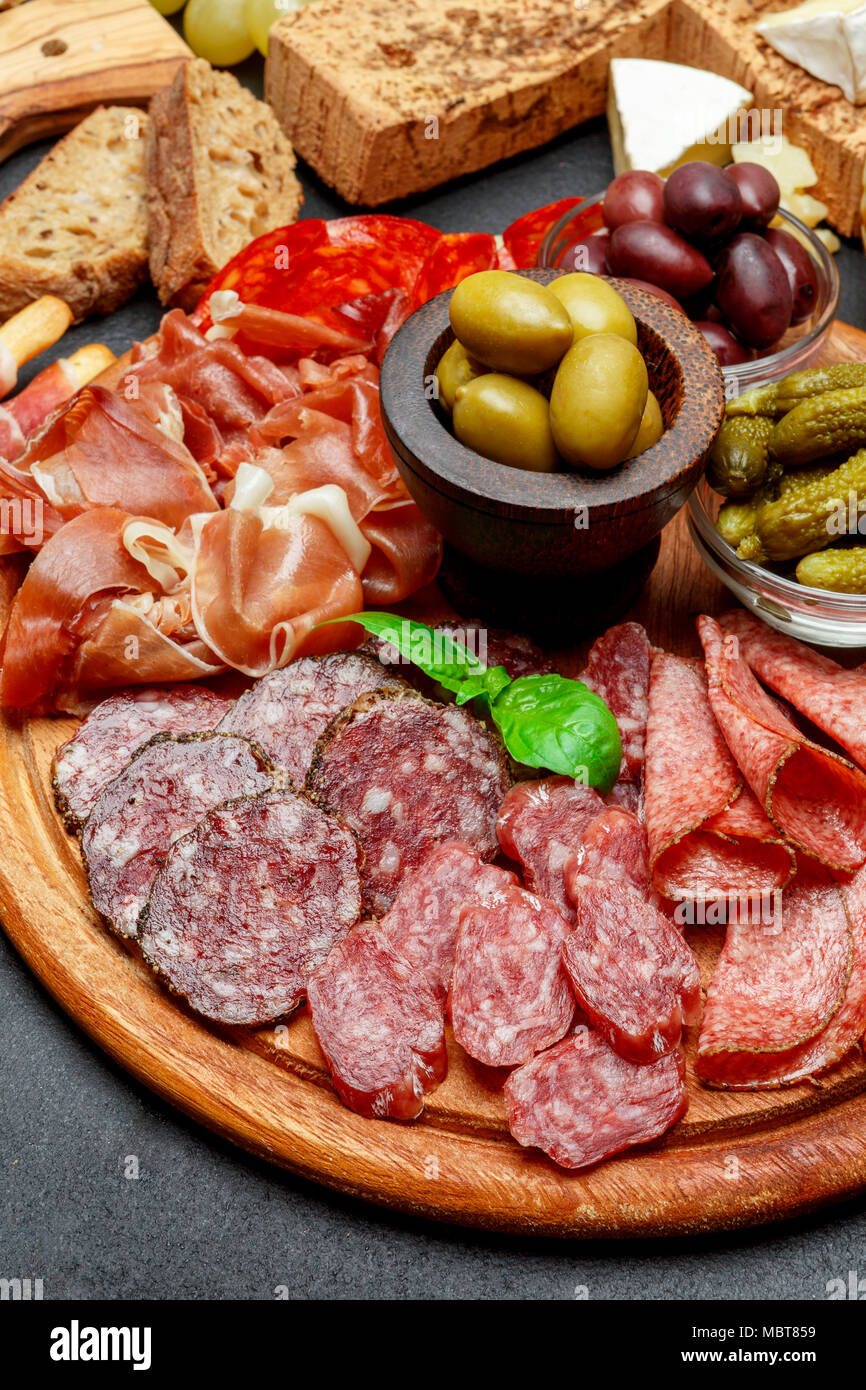 Cold meat plate with salami, chorizo sausage and prosciutto ham Stock