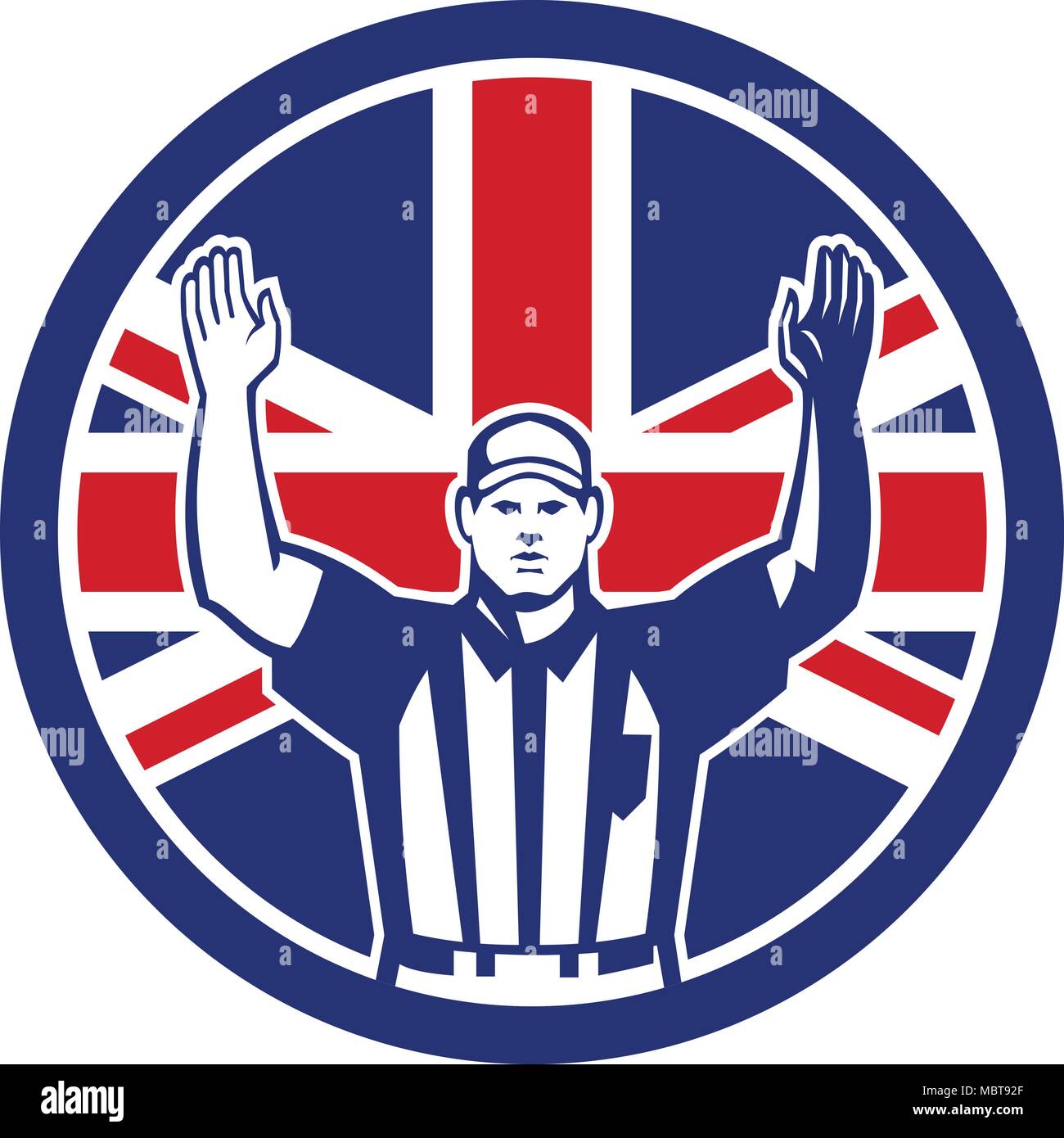 Icon retro style illustration of a British American football referee,head linesman, down judge or line judge calling touchdown with United Kingdom UK, Stock Vector