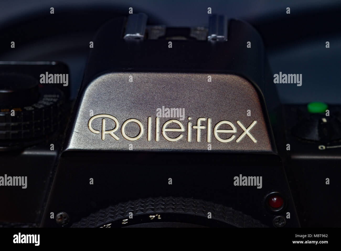 Closeup of prism of Vintage Rolleiflex 35mm Single Lens Reflex film camera. UK Stock Photo