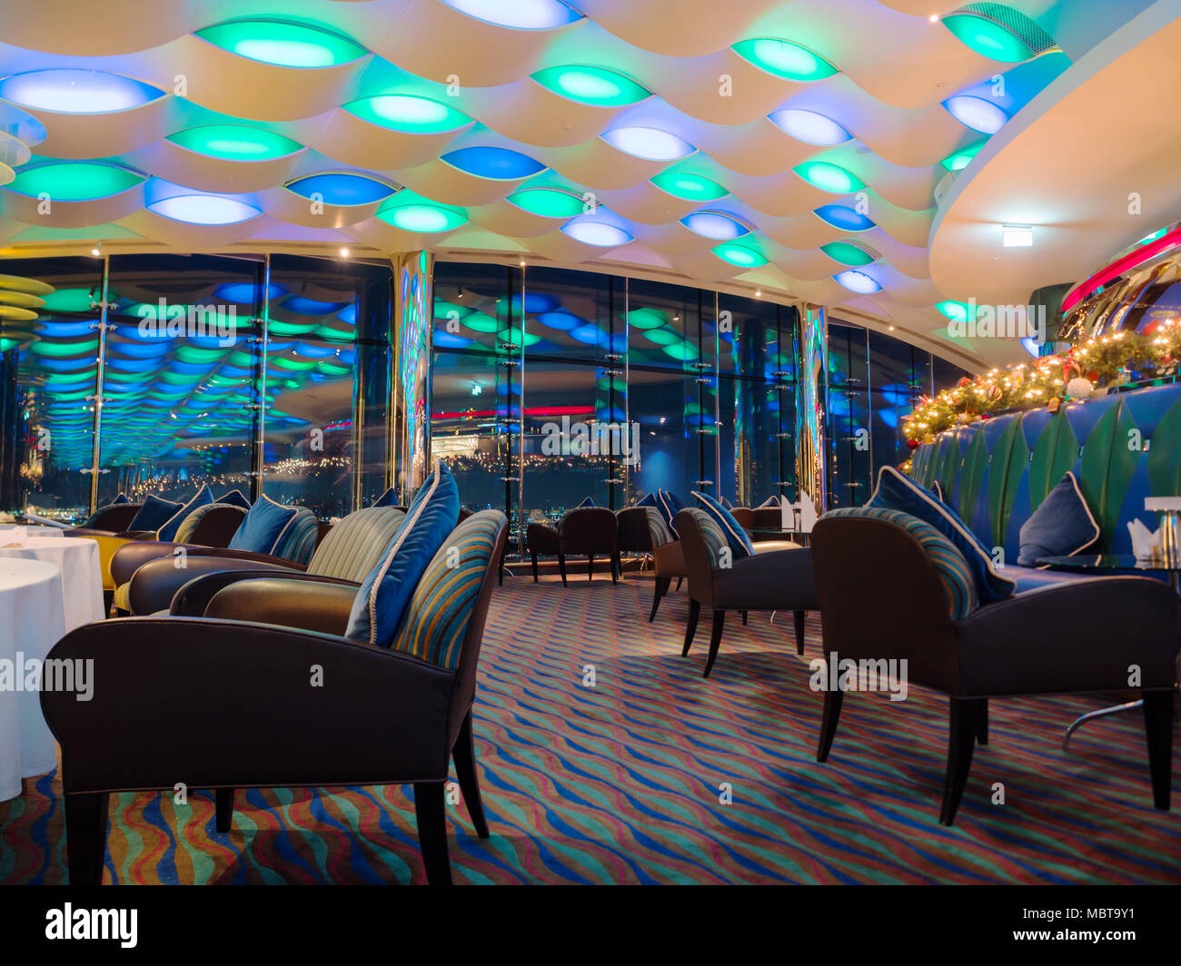 DUBAI,UAE - DECEMBER, 2017: The interior of the sky view bar inside the Burj Al Arab hotel in Dubai Stock Photo
