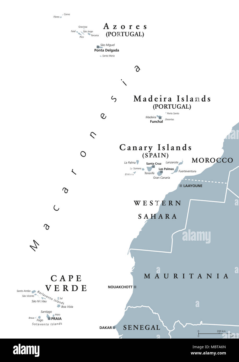Macaronesia political map. Azores, Cape Verde, Madeira, Canary Islands. Collection of archipelagos in the Atlantic Ocean off the coast of Africa. Stock Photo