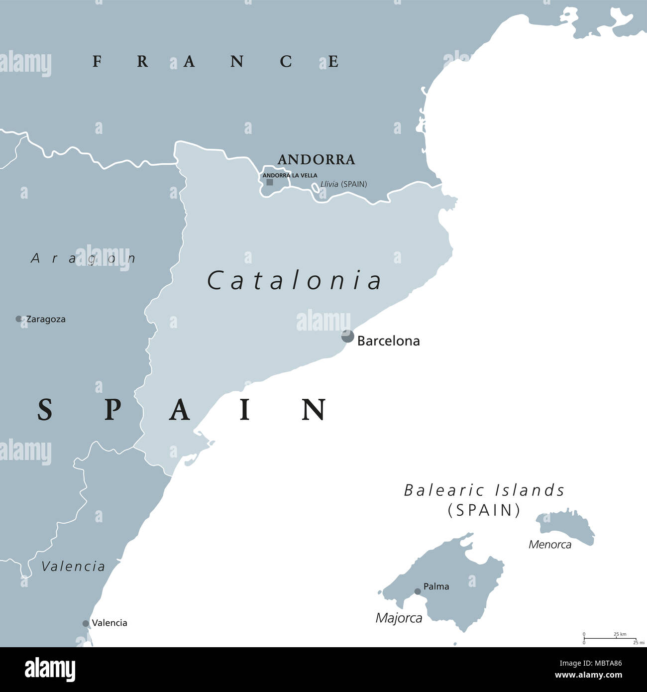 Catalonia political map with capital Barcelona and borders. Autonomous community of Spain on the northeastern extremity of Iberian Peninsula. Stock Photo