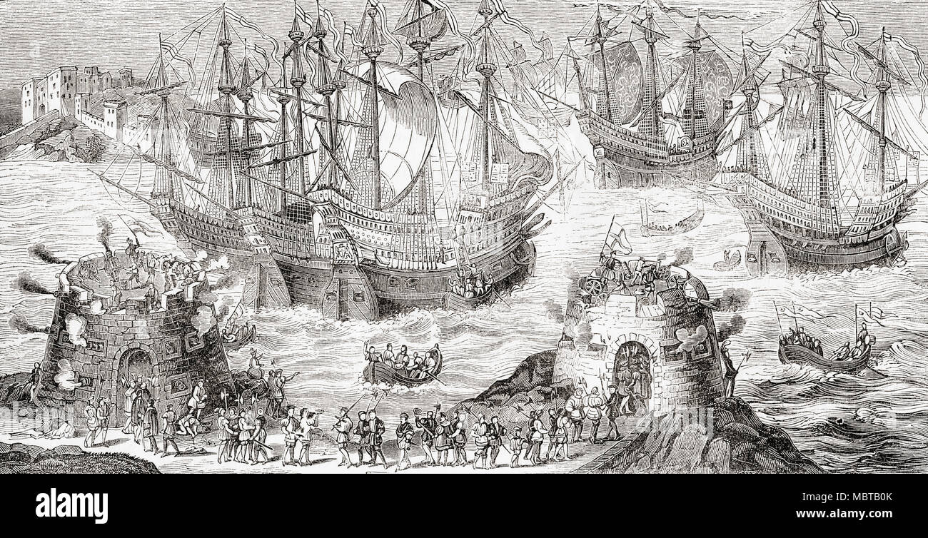 The embarkation of Henry VIII at Dover, May 31, 1520.   Henry VIII and his fleet setting sail from Dover to Calais on the way to meet Francis I at The Field of Cloth of Gold. The meeting was arranged to increase the bond of friendship between the two kings following the Anglo-French treaty of 1514.  From Old England: A Pictorial Museum, published 1847. Stock Photo