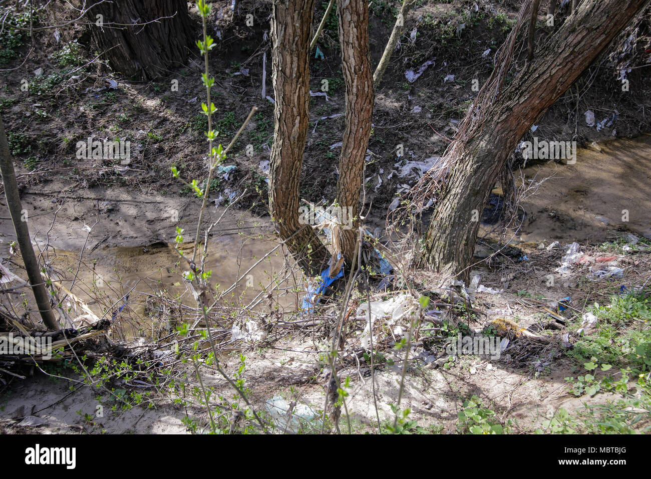 Heavy polluted water stream with domestic garbage Stock Photo