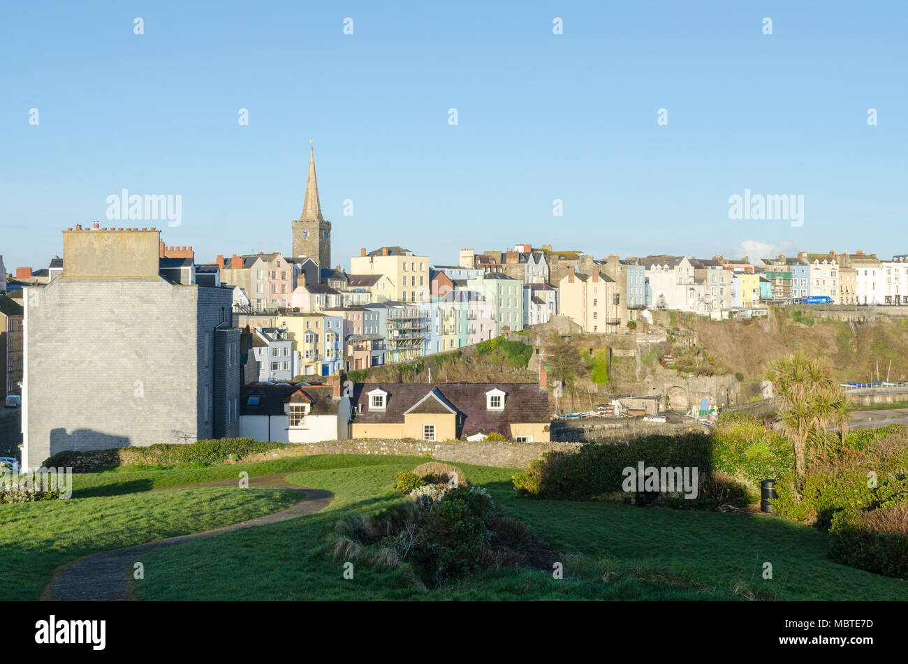Colourful houses in the Welsh holiday town of Tenby overlooking Harbour