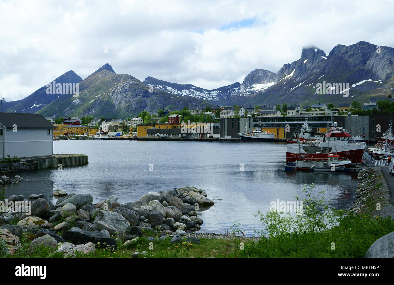 Town and harbour of Husoy, island Senja, Norway Stock Photo