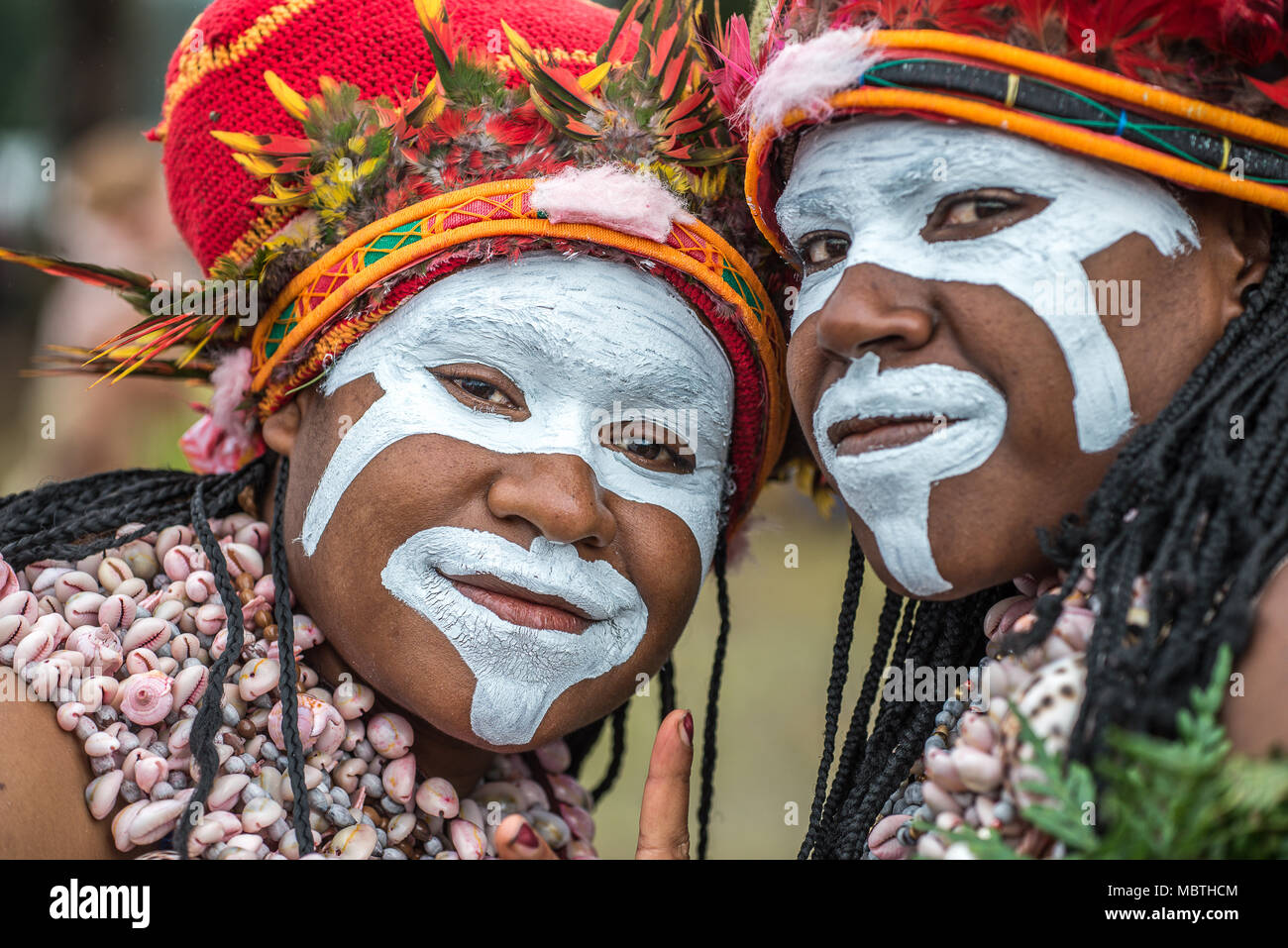 Portrait of two women with traditional face painting, Mount Hagen Cultural Show, Papua New Guinea Stock Photo
