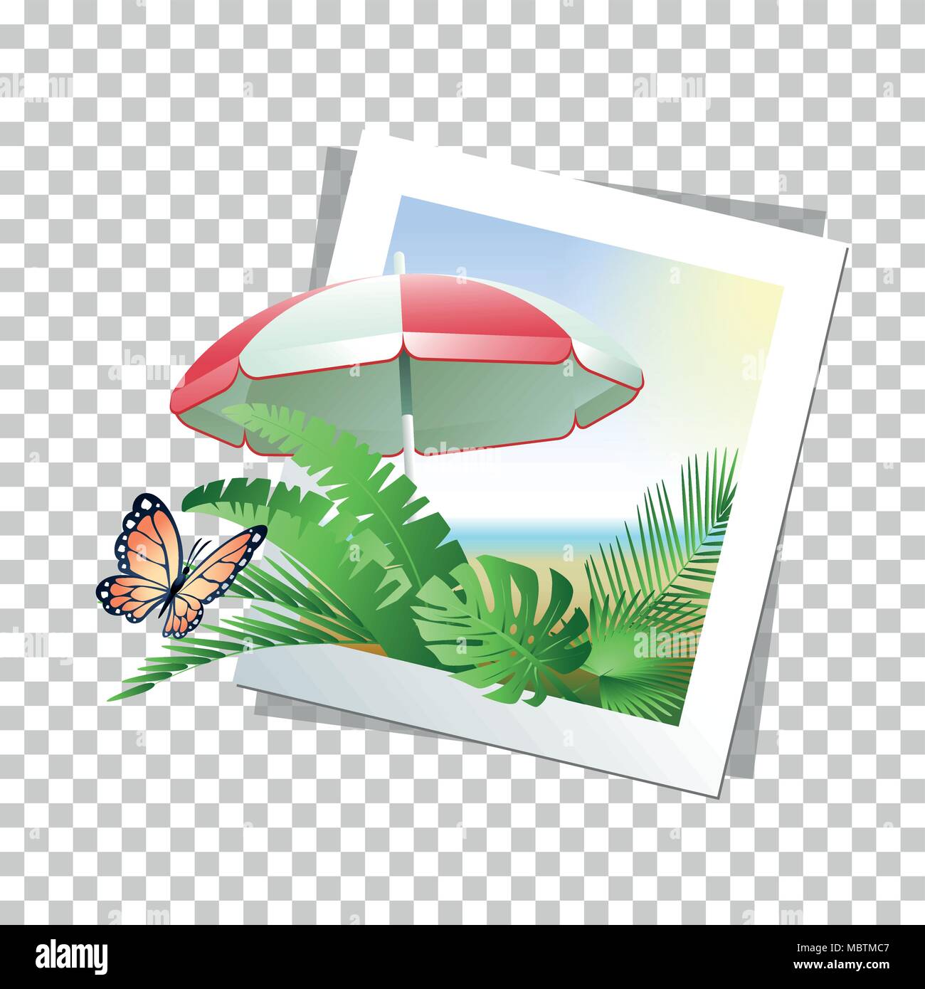 Summer photo frame with beach umbrella, tropical leaves and butterfly isolated on grid transparent background. Vector illustration. Stock Vector