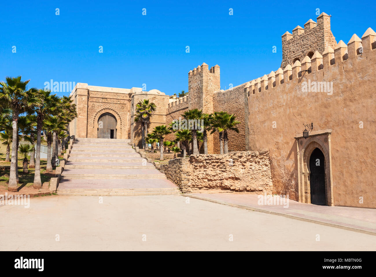 The Kasbah of the Udayas fortress in Rabat in Morocco. The Kasbah of the  Udayas is located at the mouth of the Bou Regreg river in Rabat, Morocco.  Rab Stock Photo -