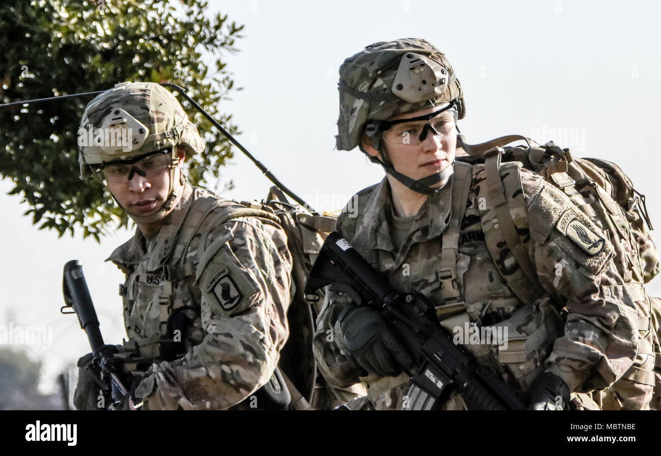 The Water Purification Platoon from the Brigade Support Battalion, 173rd Airborne Brigade is conducting a reconnaissance to secure a source of water for the Sky Soldiers. Stock Photo