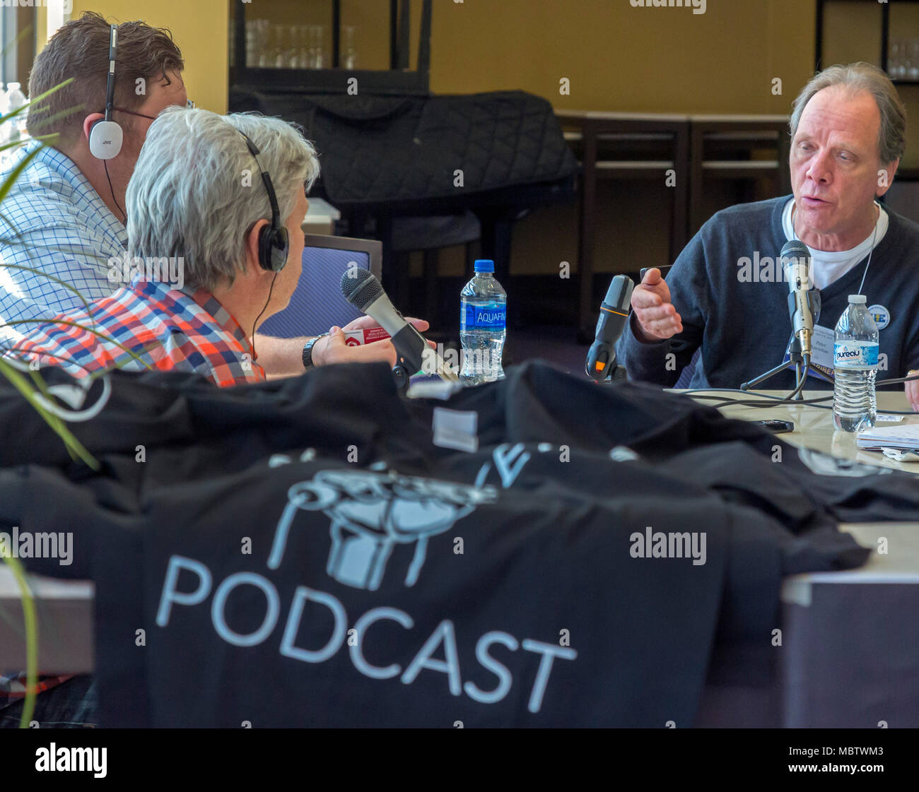 Chicago, Illinois - Members of the International Longshore and Warehouse Union (left) produce The Docker podcast during the biannual Labor Notes confe Stock Photo