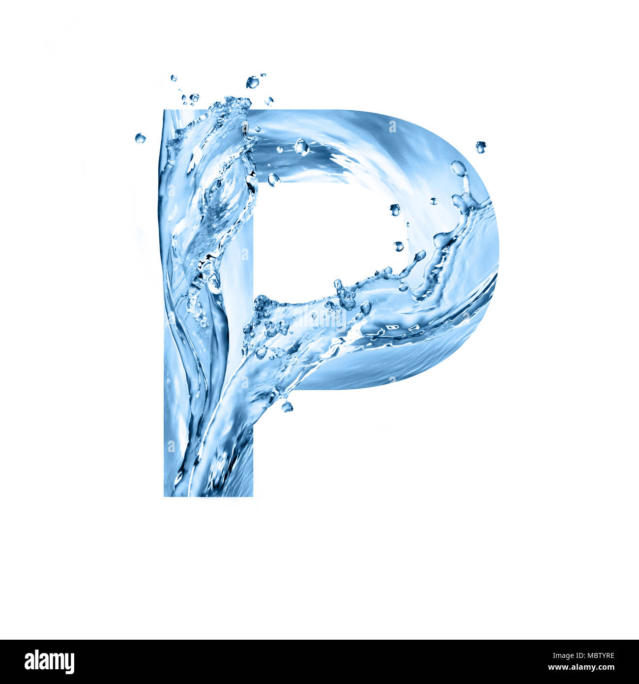 stylized font, art text made of water splashes, capital letter p, isolated on white background Stock Photo