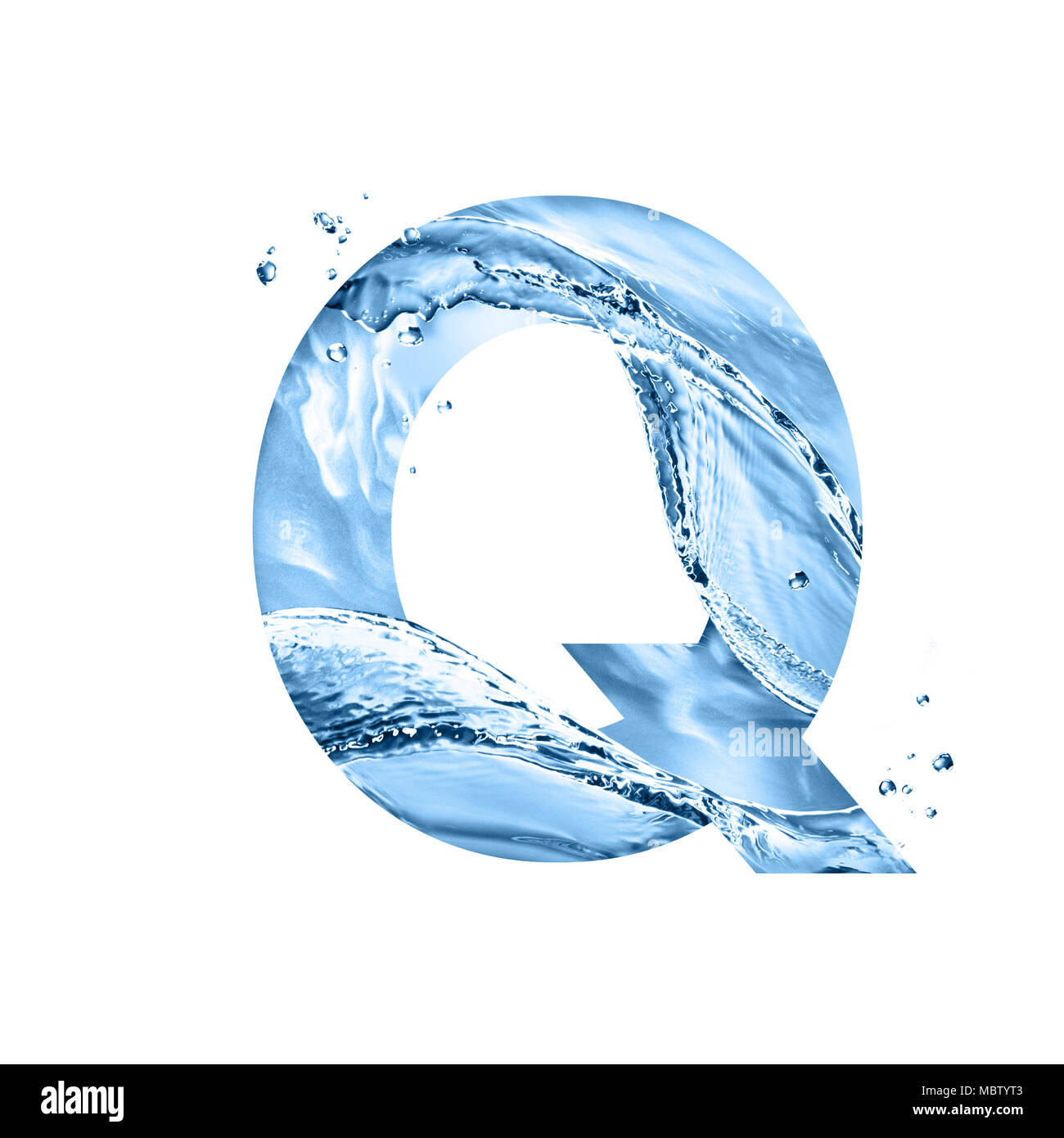 stylized font, art text made of water splashes, capital letter q, isolated on white background Stock Photo