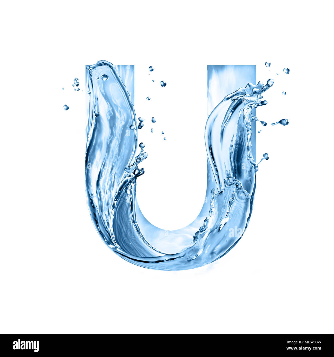 stylized font, art text made of water splashes, capital letter u, isolated on white background Stock Photo