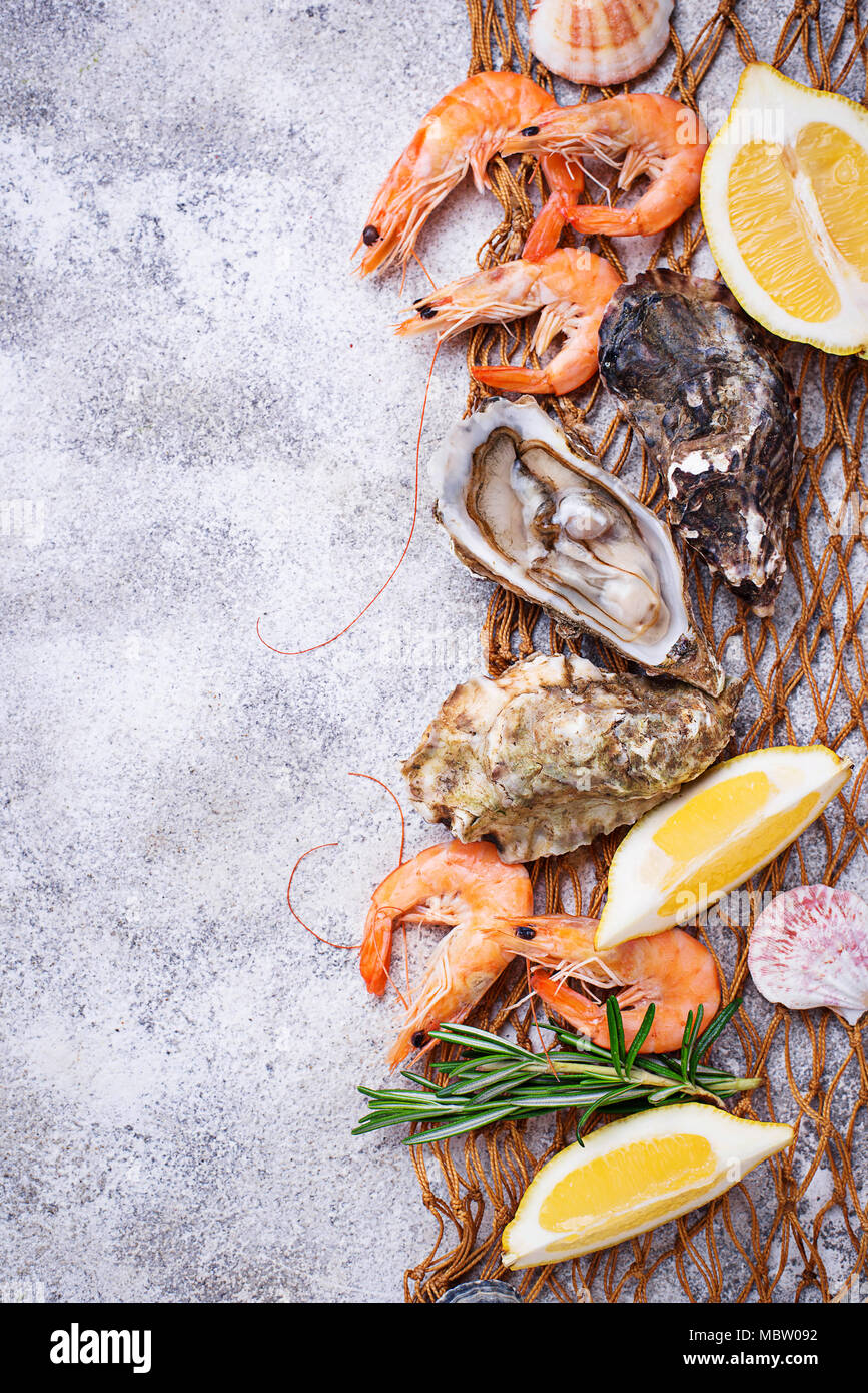 Shrimps and oysters. Seafood concept Stock Photo