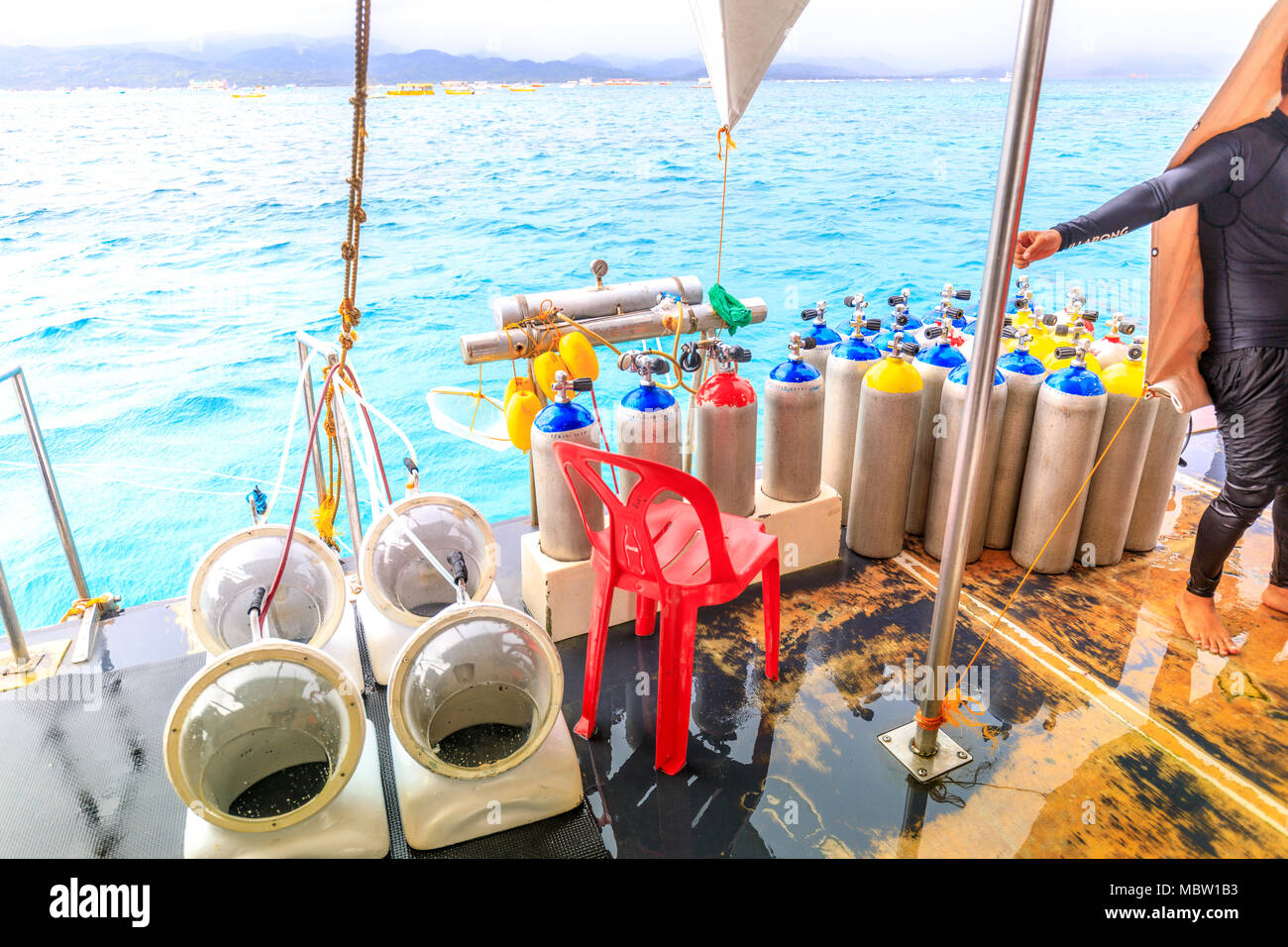 Boracay, Philippines Nov 18, 2017 Helmet Diving Equipment on Boat in Boracay sea Stock Photo