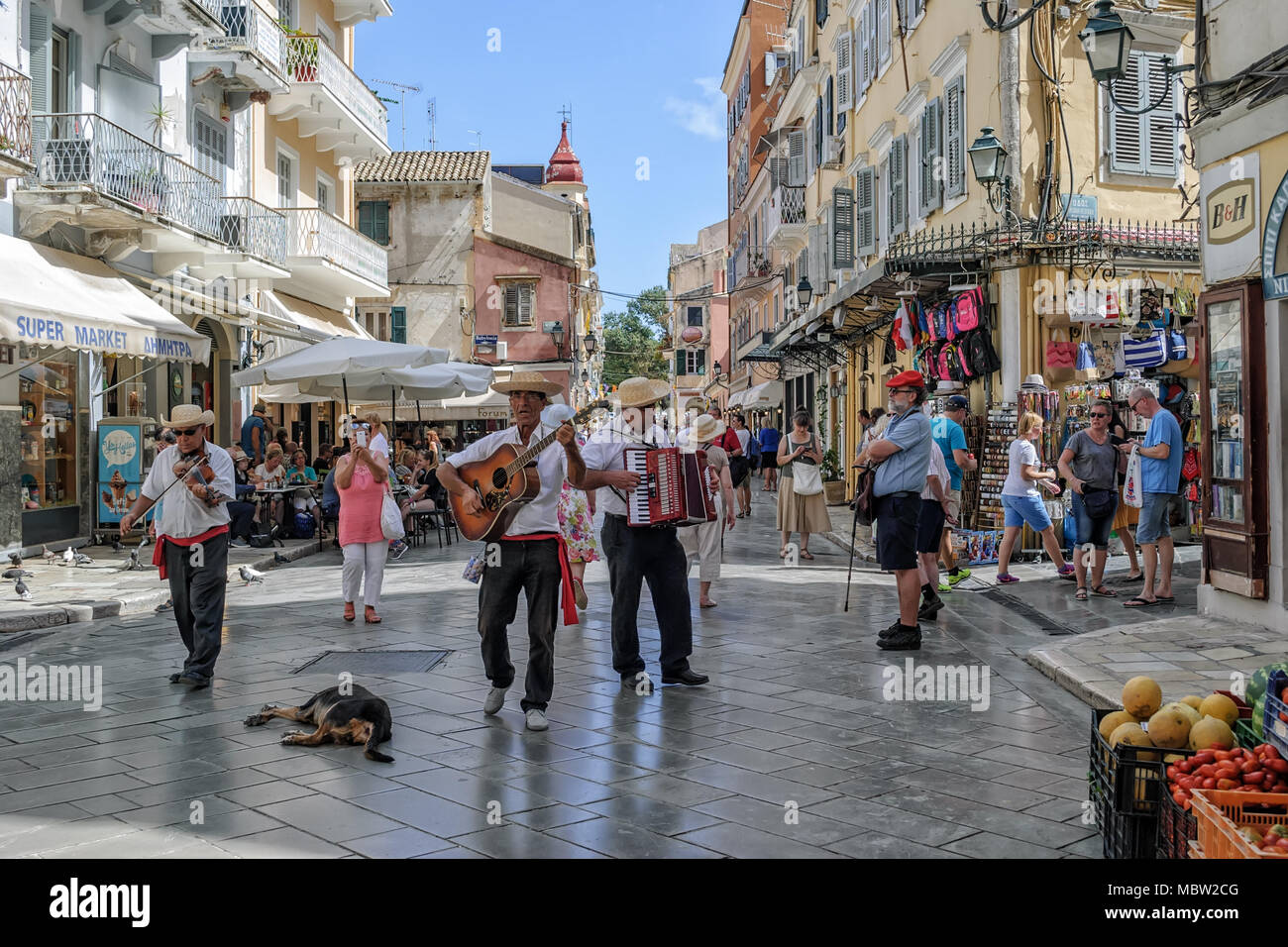 Street musicians in Kerkira city, Corfu Island, Greece Stock Photo