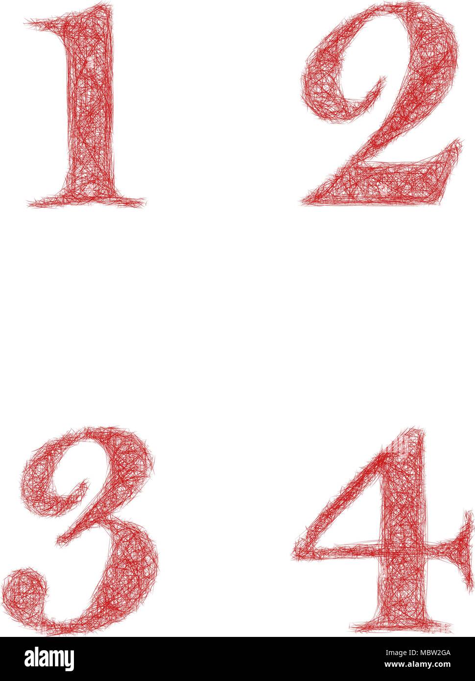 Red sketch font set - numbers 1, 2, 3, 4 Stock Vector