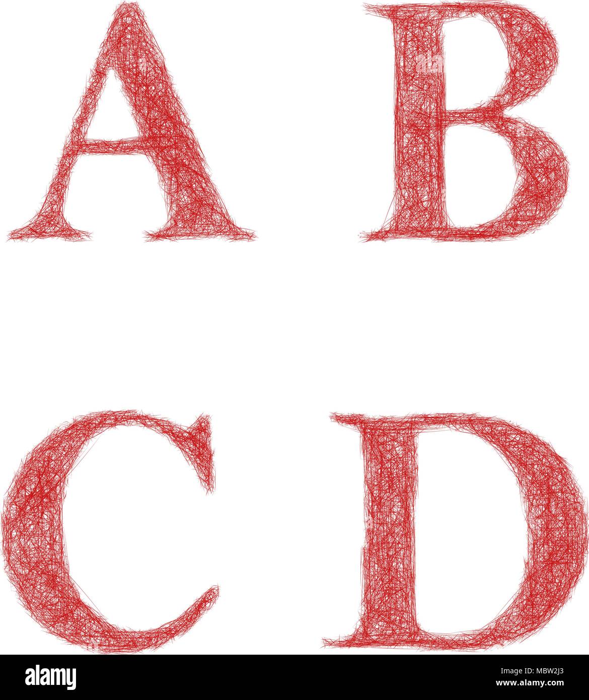 Red sketch font set - letters A, B, C, D Stock Vector