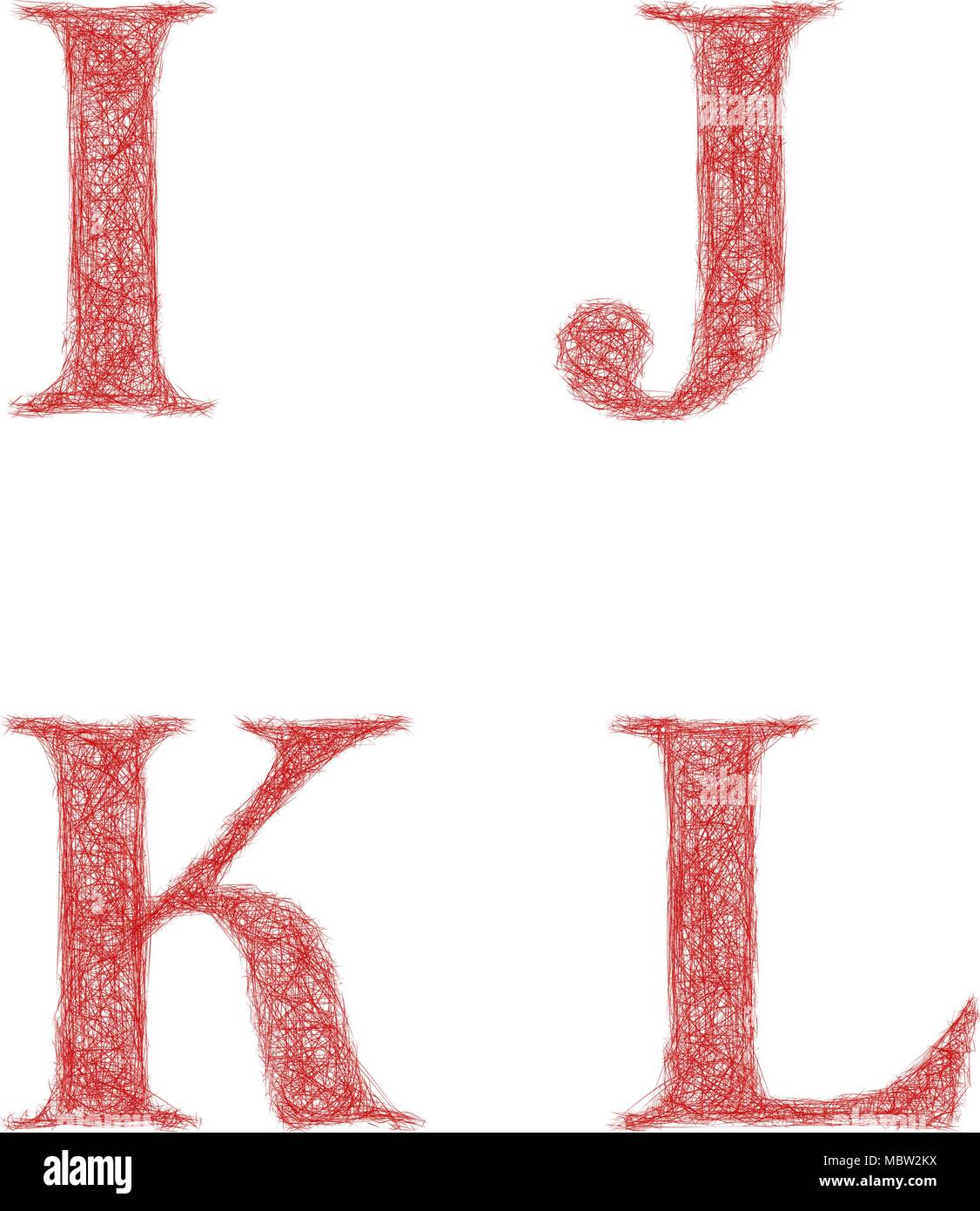 Red sketch font set - letters I, J, K, L Stock Vector