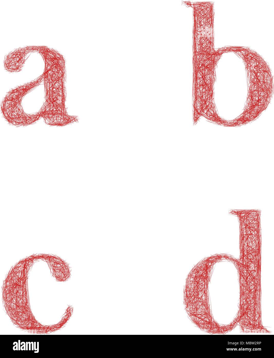 Red sketch font set - lowercase letters a, b, c, d Stock Vector
