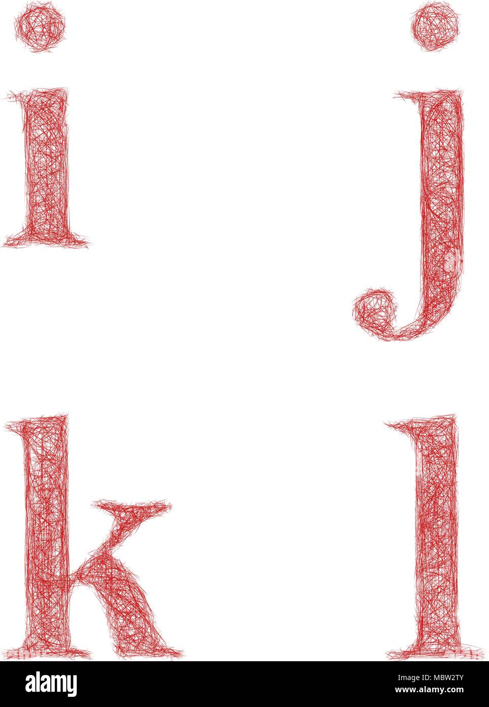 Red sketch font set - lowercase letters i, j, k, l Stock Vector