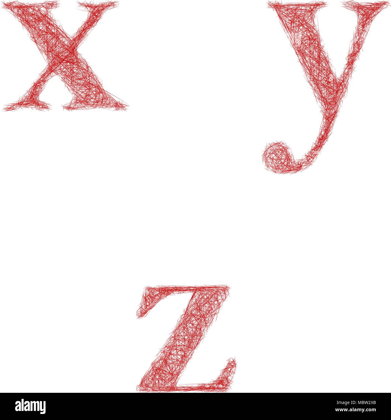 Red sketch font set - lowercase letters x, y, z Stock Vector