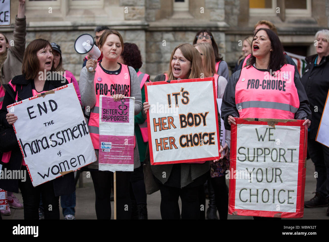 Pro-choice campaigners and Sister Supporters demonstrate outside Ealing Broadway Town Hall before the abortion buffer zone vote this week, London, UK Stock Photo