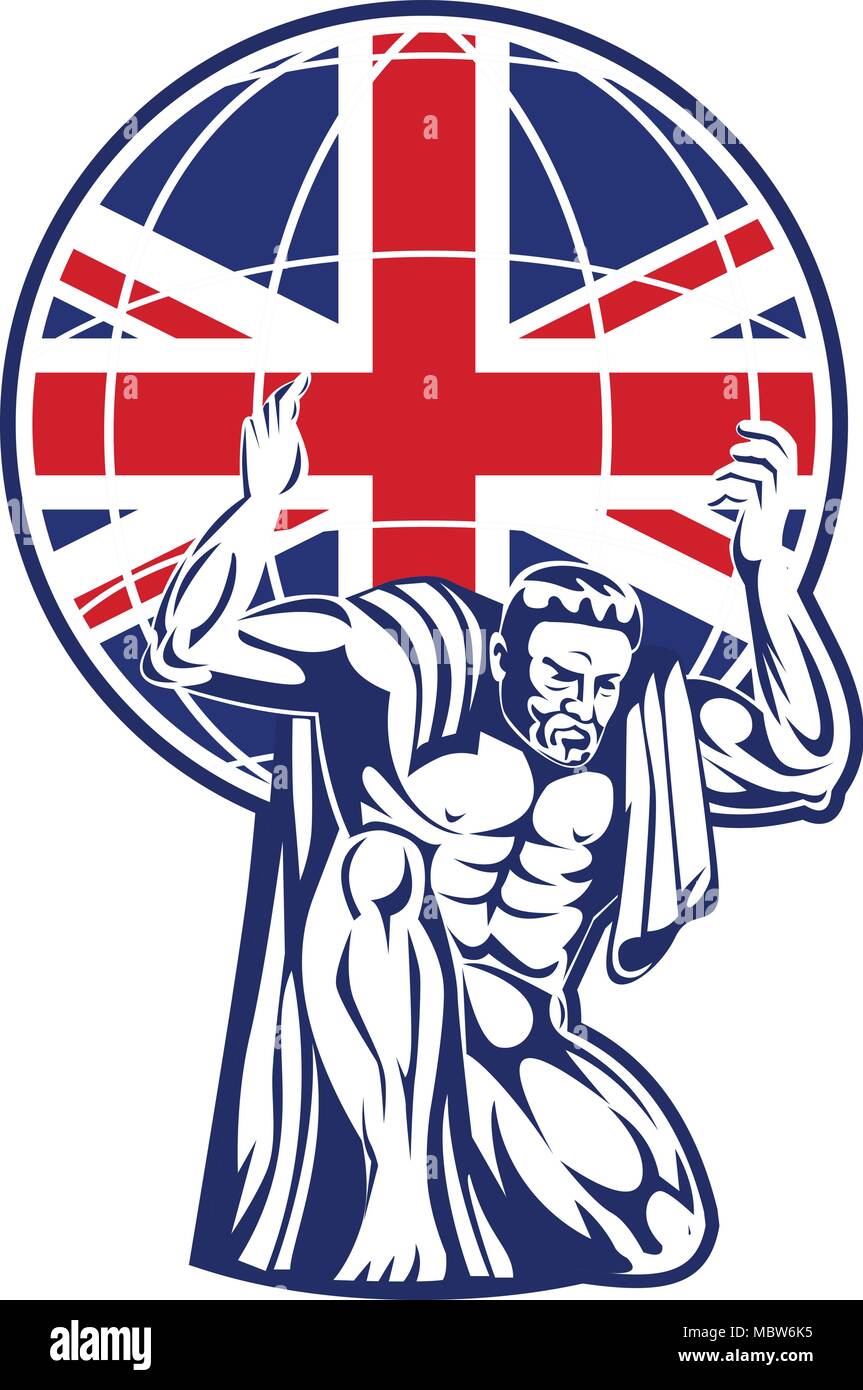 Icon retro style illustration of Atlas, a Titan carrying a globe with British United Kingdom UK, Great Britain Union Jack flag viewed from front on is Stock Vector