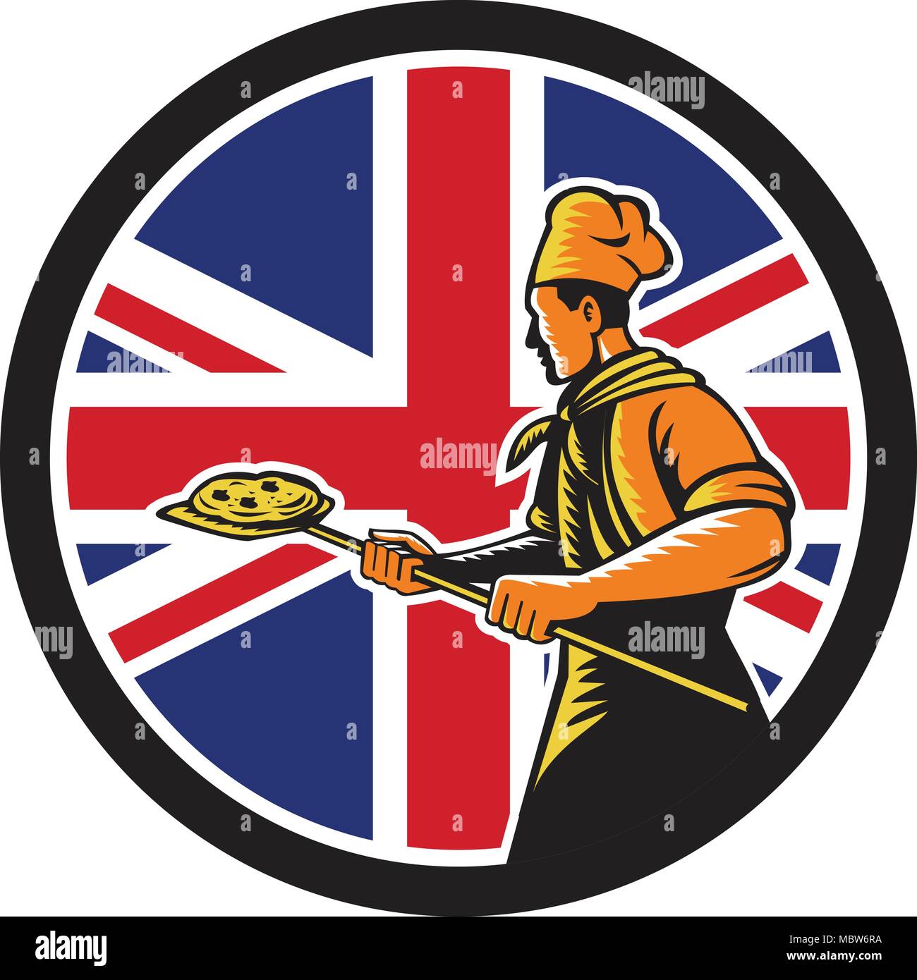 Icon retro style illustration of a British pizza baker chef holding peel viewed from side with United Kingdom UK, Great Britain Union Jack flag set in Stock Vector