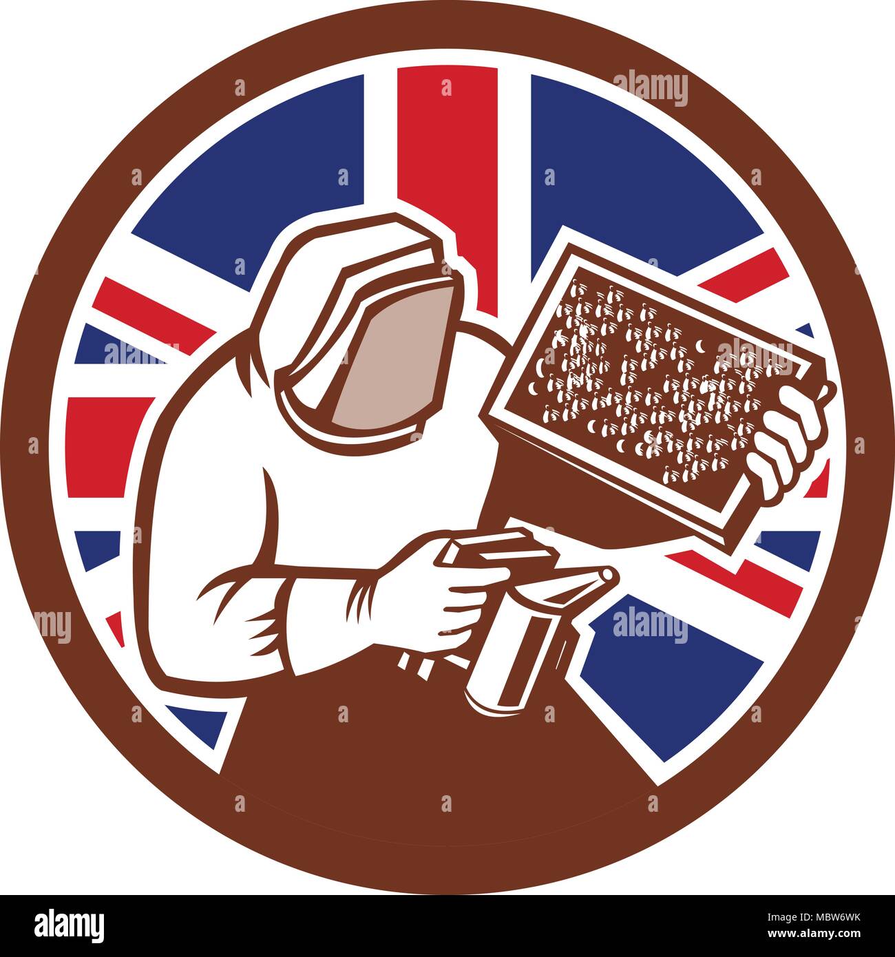 Icon retro style illustration of a British beekeeper, honey farmer, apiarist, or apiculturist, holding a smoker and beehive with United Kingdom UK, Gr Stock Vector