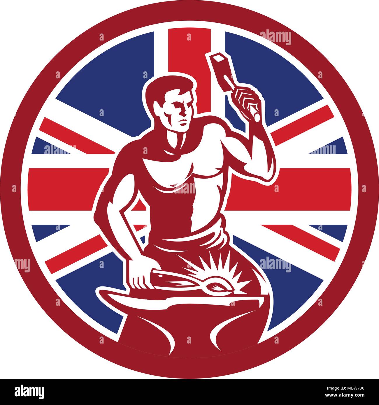 Icon retro style illustration of a British blacksmith or farrier holding hammer and anvil with United Kingdom UK, Great Britain Union Jack flag set in Stock Vector