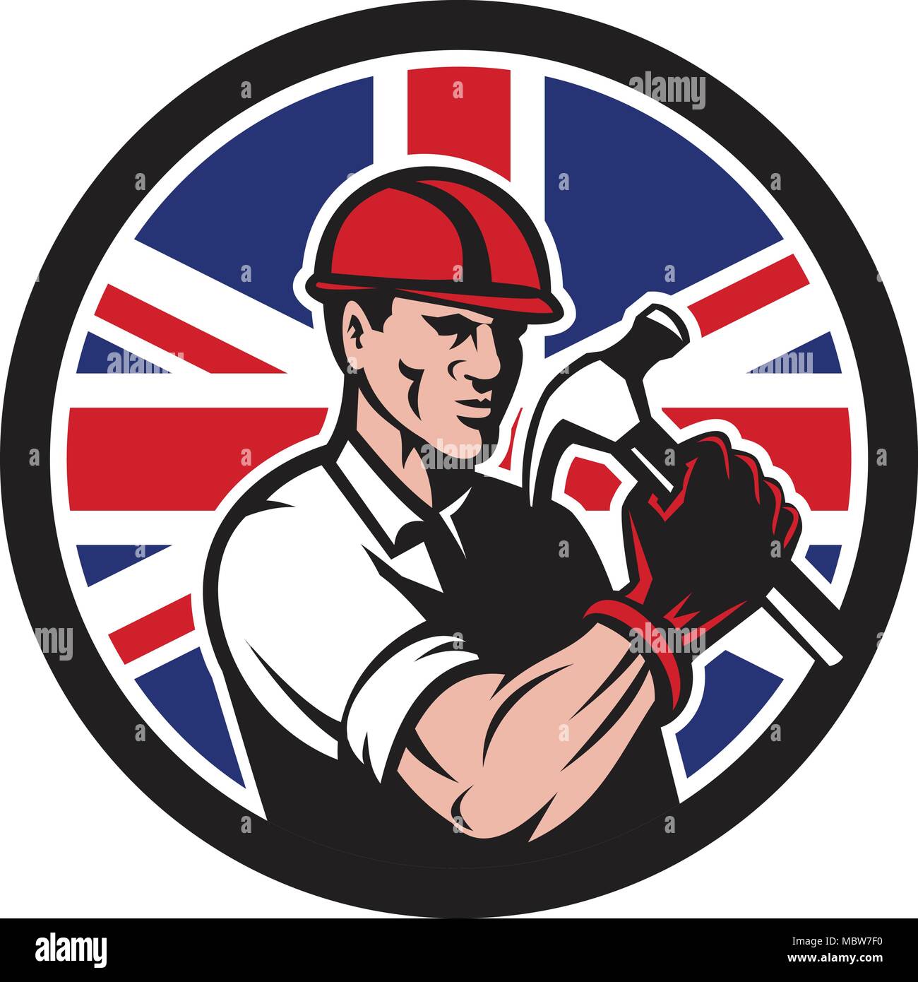 Icon retro style illustration of a British handyman, builder, carpenter or construction worker holding hammer with United Kingdom UK, Great Britain Un Stock Vector