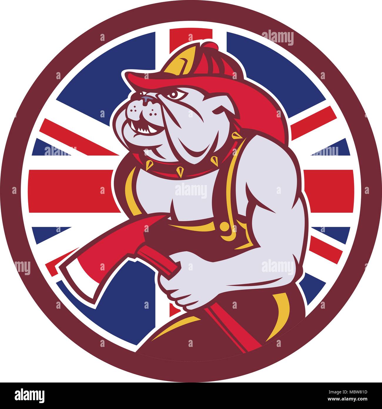 Icon retro style illustration of a British Bulldog fireman or firefighter holding fire axe  with United Kingdom UK, Great Britain Union Jack flag set  Stock Vector