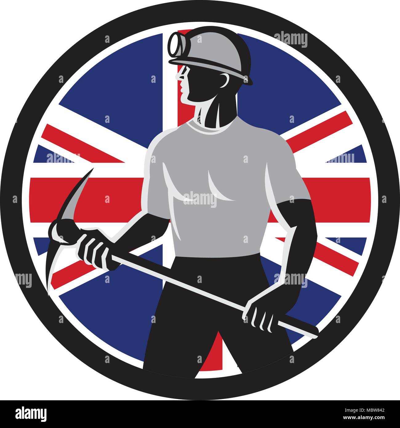 Icon retro style illustration of a British coal miner holding a pick axe viewed from side with United Kingdom UK, Great Britain Union Jack flag set in Stock Vector