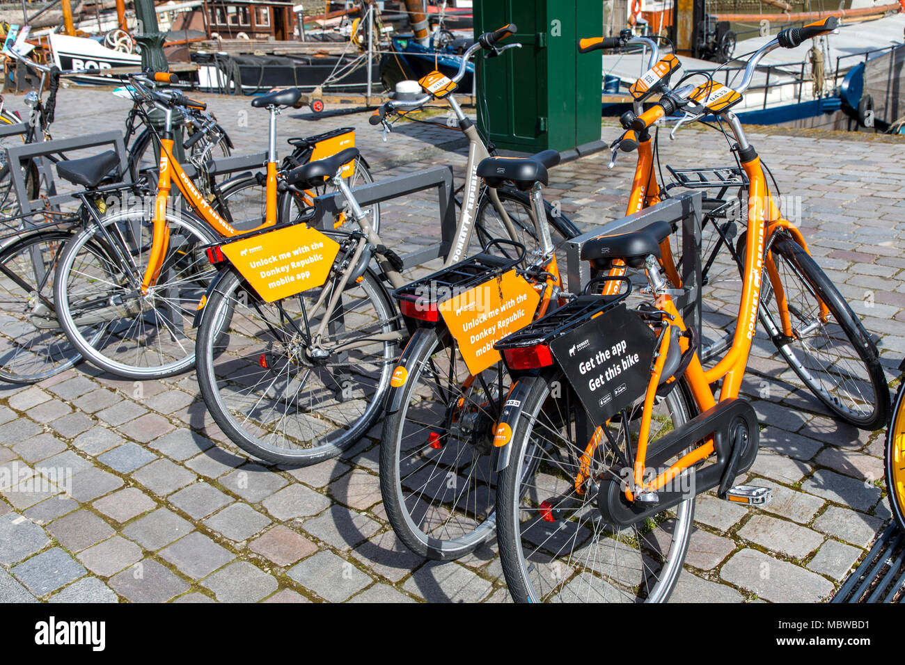 Rental bikes, in the city, Rotterdam, South Holland, Netherlands, rent by app, the bikes are